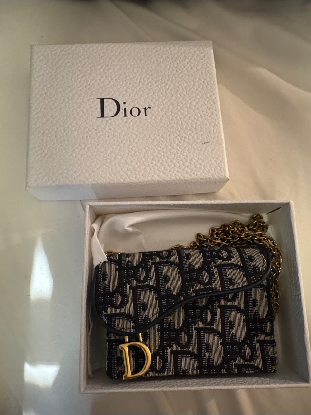 Designer inspired Navy and Beige Mini Saddle Crossbody with Gold D Charm